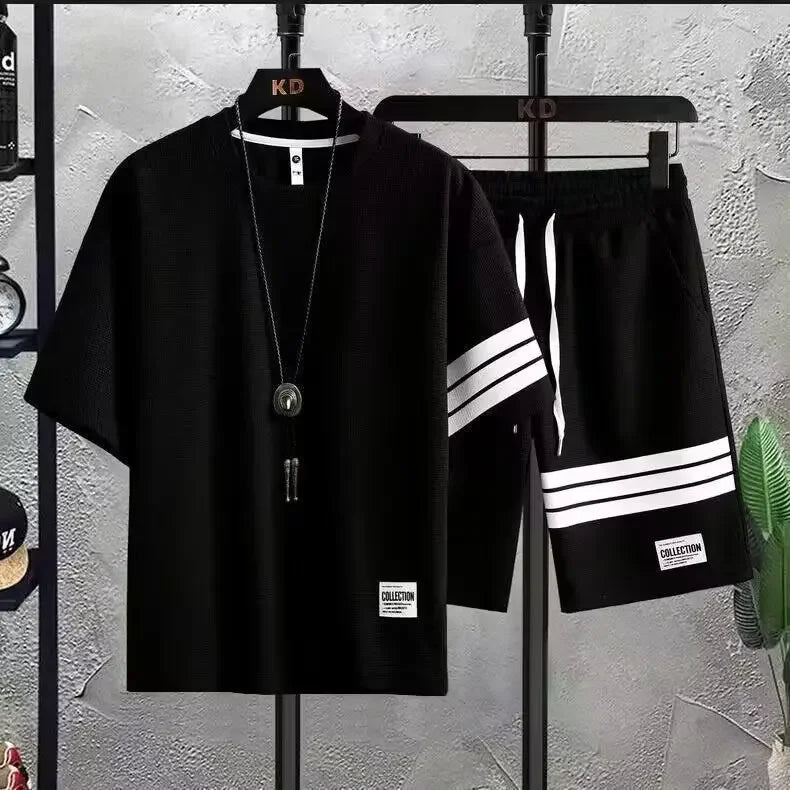 Fashionable Casual Men's Sport Suit Short Sleeves Summer Style Trendy Brand Matching Complete Set Stylish Male Wear - Ellianto fashion Men's