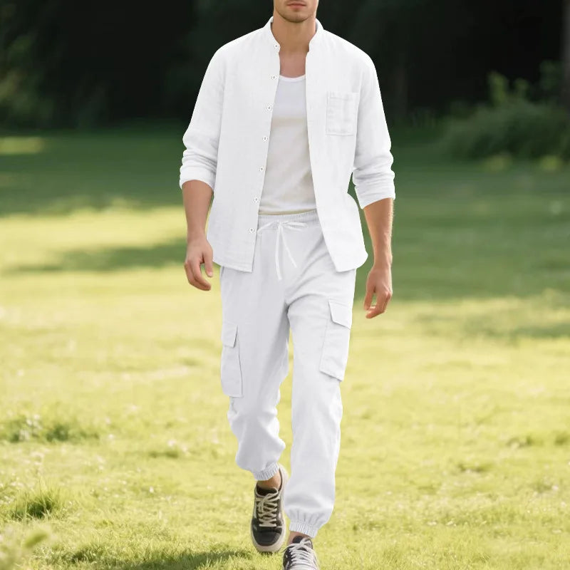 Spring and Summer Men's Linen Button Long Sleeved Shirt and Pants Set, Fashionable, Casual, Breathable, Quick Drying 2-Pie Set - Ellianto fashion Men's