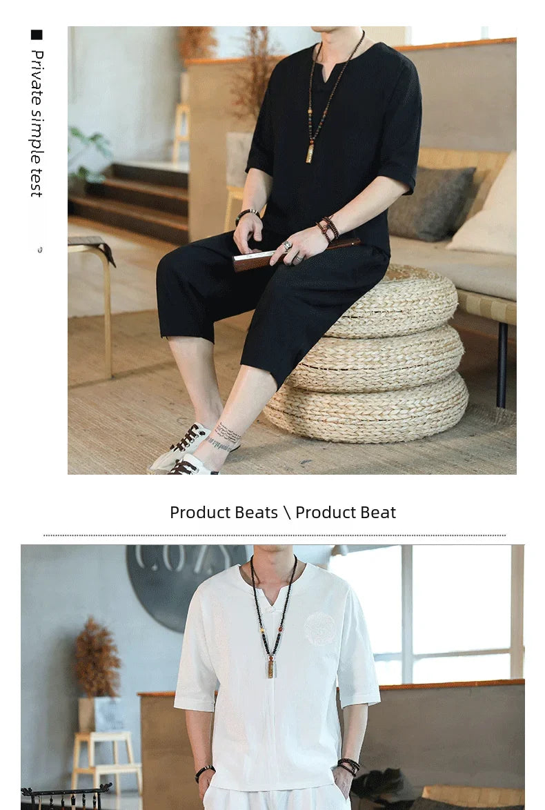 Men's Loose-fit Casual Pants Set Chinese Style Cotton Linen Short Sleeve Shirt Seven-point Shorts Two-piece Suit - Ellianto fashion Men's