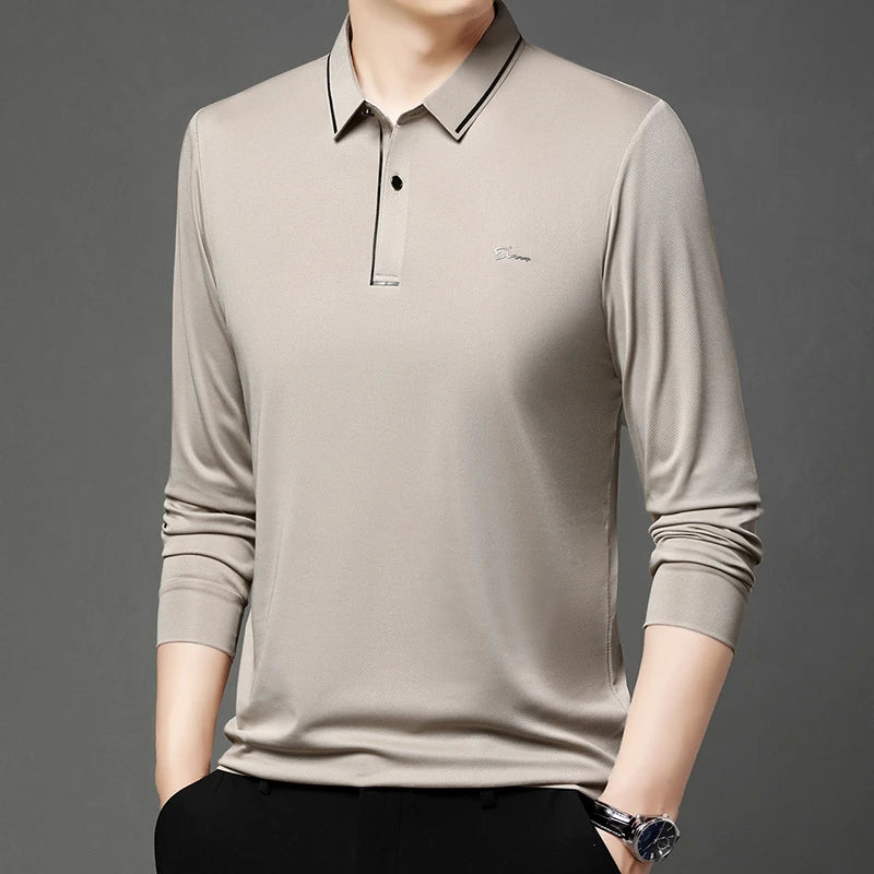 New Men's Business Casual Long Sleeved Shirt with Badge Solid Color Polo Shirt Fashionable Breathable Comfortable Versatile Top - Ellianto fashion Men's