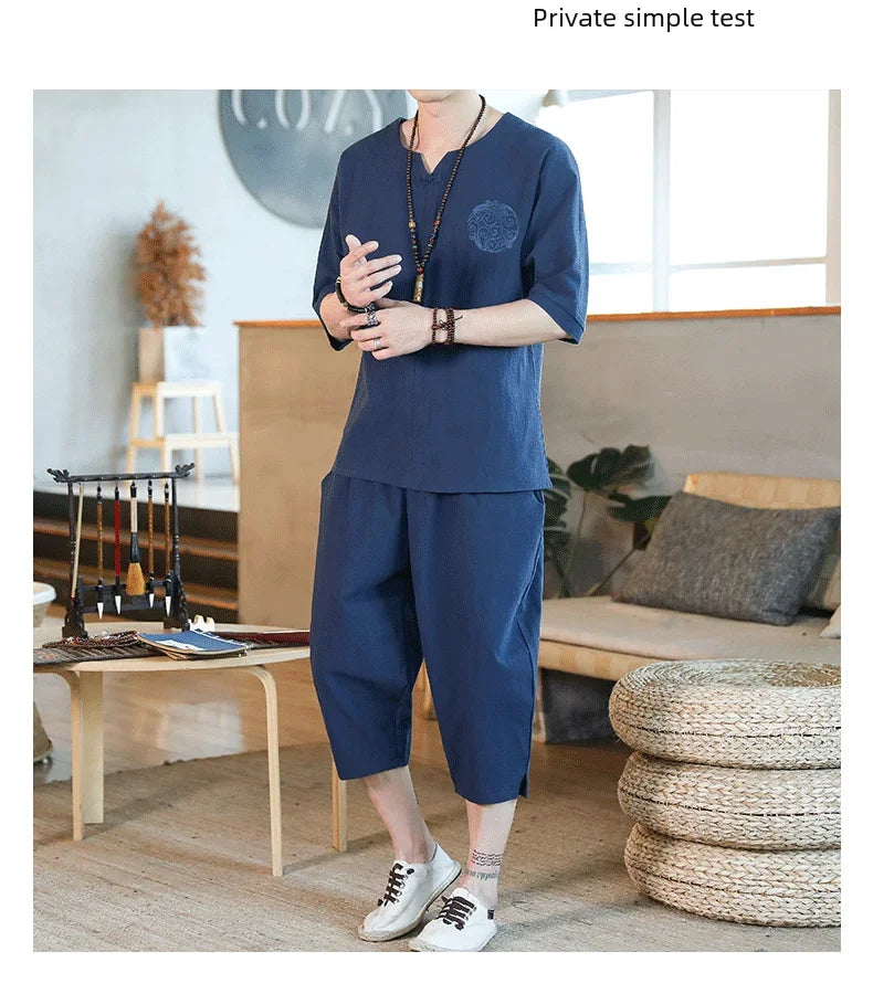 Men's Loose-fit Casual Pants Set Chinese Style Cotton Linen Short Sleeve Shirt Seven-point Shorts Two-piece Suit - Ellianto fashion Men's