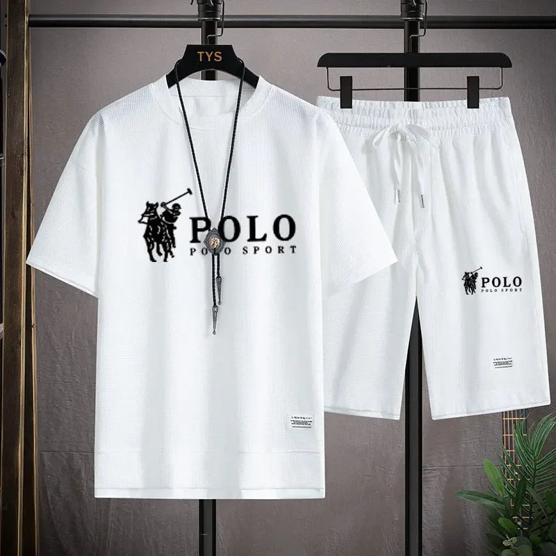 Set In the summer of 2025, a two-piece set of Korean-style men's short-sleeved T-shirt and sports shorts paired with casual sportswe - Ellianto fashion Men's