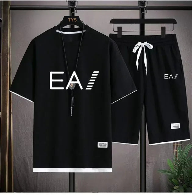 Set A new summer European men's breathable waffle round-neck short-sleeved and jogging sports shorts digital printing two-piece set - Ellianto fashion Men's