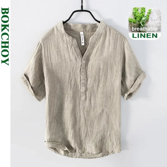 Summer New Vintage Pure Linen Short Sleeve T Shirt for Men Thin Solid Color Slim Men Clothing Big Size BL888 - Ellianto fashion Men's