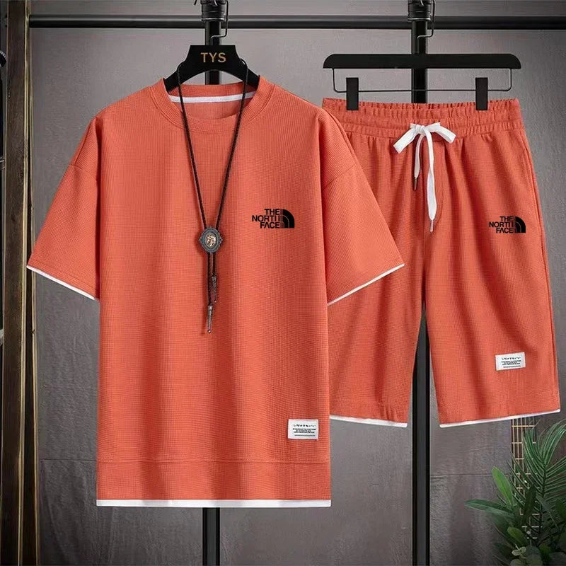Set 2025 Summer Men's fashion breathable short-sleeved T-shirt + jogging Shorts two-piece fitness training suit Casual set - Ellianto fashion Men's