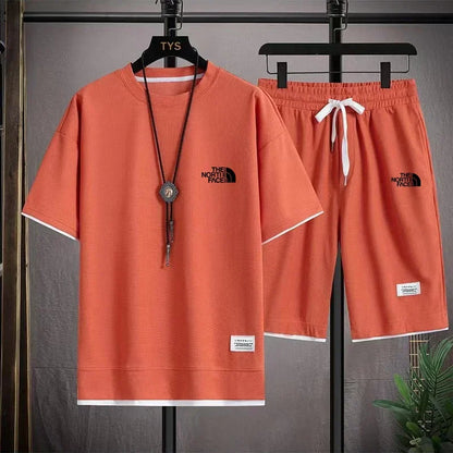Set 2025 Summer Men's fashion breathable short-sleeved T-shirt + jogging Shorts two-piece fitness training suit Casual set - Ellianto fashion Men's