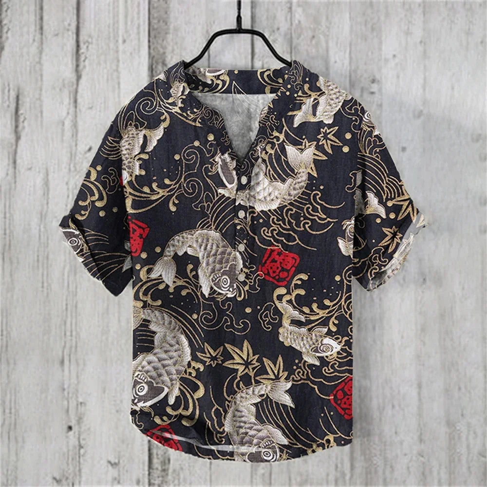 New short-sleeved V-neck shirt short-sleeved 3D printed linen shirt retro fish linen shirt comfortable men's breathable shirt - Ellianto fashion Men's