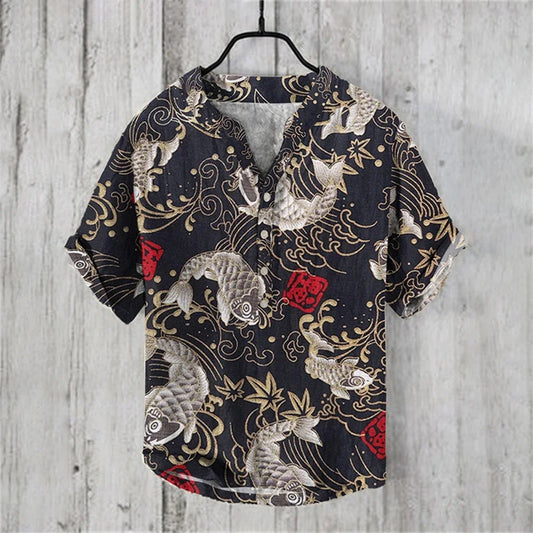 New short-sleeved V-neck shirt short-sleeved 3D printed linen shirt retro fish linen shirt comfortable men's breathable shirt - Ellianto fashion Men's
