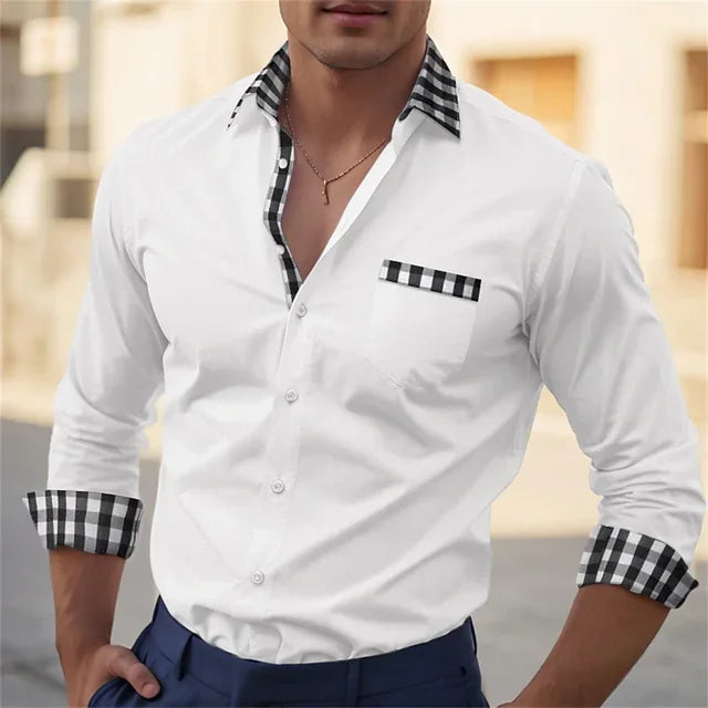 Men's Button Up Shirt, Black and White Solid Color, Long Sleeved Striped Cuffs, Lapel Collar, Daily Vacation Pocket, Fashionable - Ellianto fashion Men's
