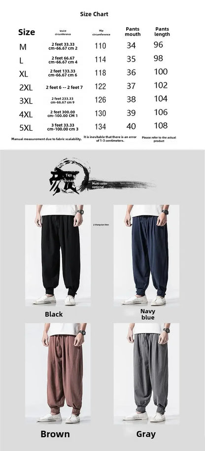 Loose-fit Cotton Linen Men's Women's Monk Pants No Tying Required Casual Spring Summer Long Pants For Zen Meditation - Ellianto fashion Men's