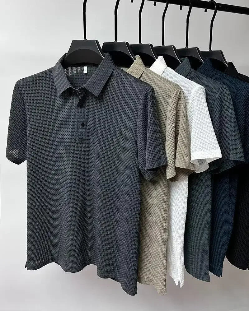 Summer New Ice Silk Mesh Short Sleeve POLO Shirt Men's Solid Color Versatile Cool Feeling Business Casual Half Sleeve Top Trendy - Ellianto fashion Men's