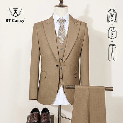ST Cassy High Quality Men's Suit Summer thin Green Slim Fit Formal Business Office Men's Suits（jacket+Vest+Pants） - Ellianto fashion Men's