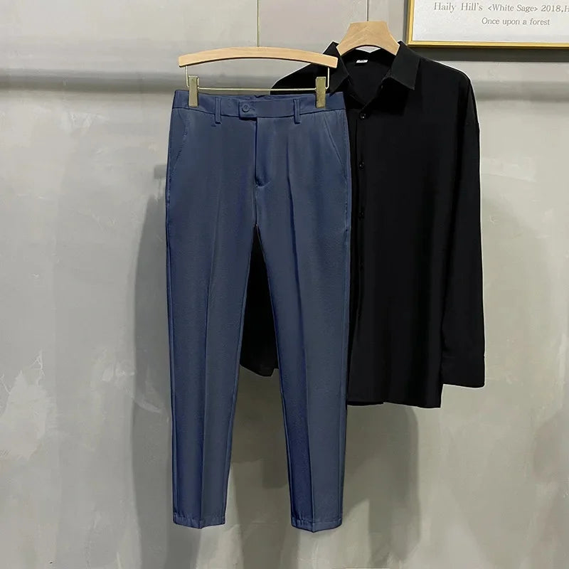 Men's Business Casual Pants Long Trousers Spring Summer Youth Slim Fit Suit Pants Spring Small Foot No Ironing Thin Pants - Ellianto fashion Men's
