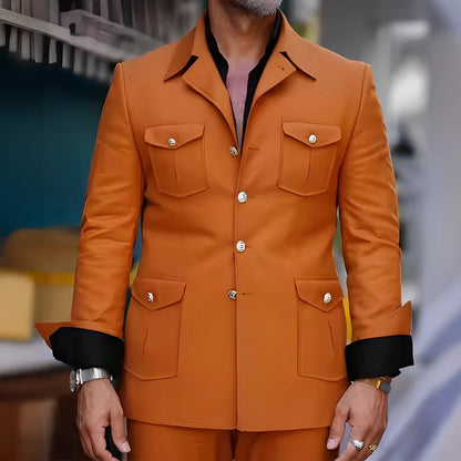 Tailored Casual Men Suits Orange 2 Pieces Set Safari Design Collar Autumn Coat Pant Business Designer Jacket Pant Men Prom Suits - Ellianto fashion Men's
