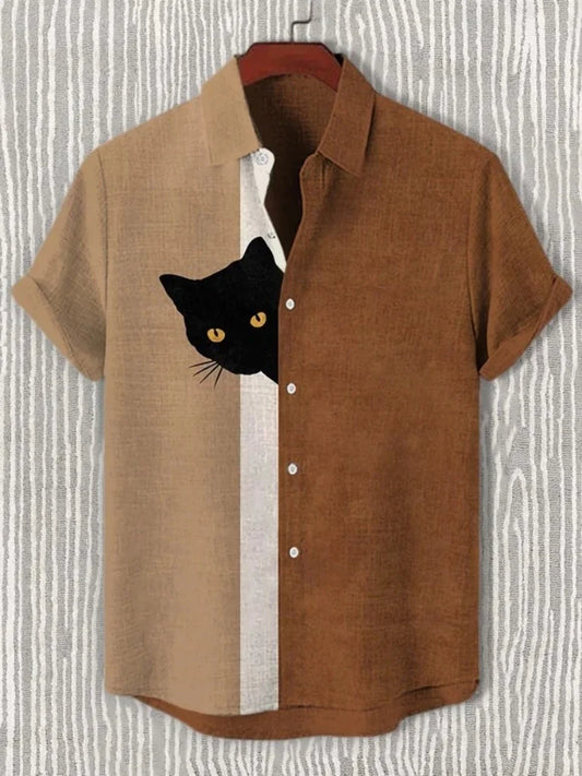 Men's Funny Shirts Harajuku Japanese Men Fun Hide And Seek Black Cat Print Casual Shirt 2025 Summer Holiday 3D Printing Blouse T - Ellianto fashion Men's