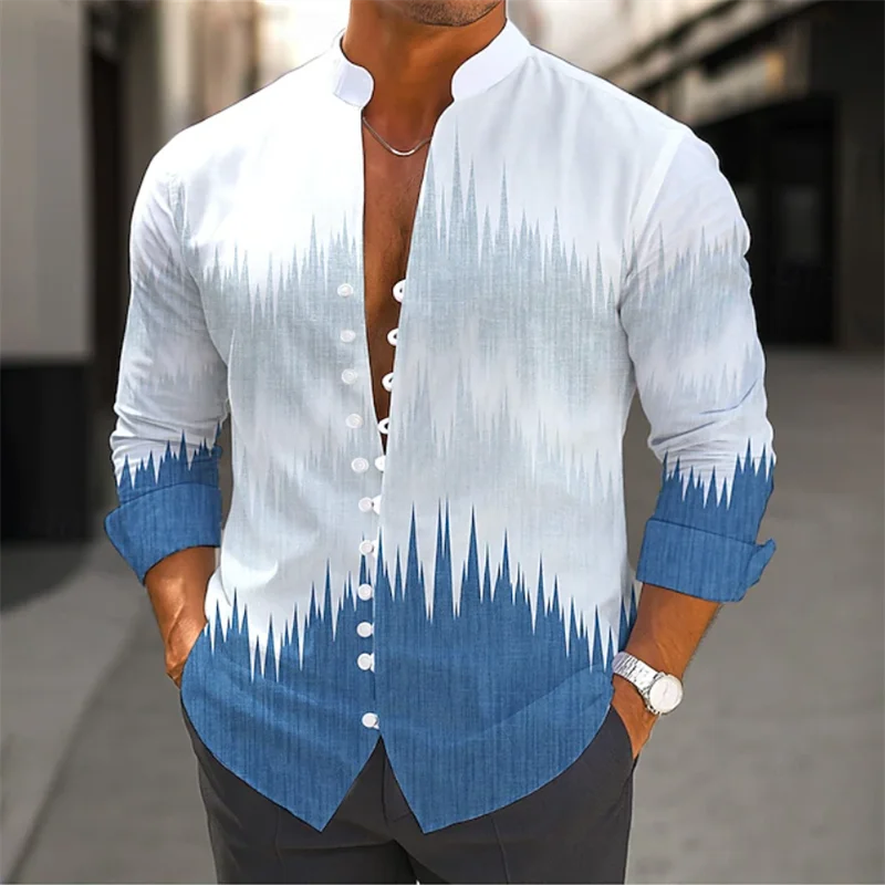 Men's Long Sleeve Shirt Cross Border Summer 3D Bamboo Print Flower Vintage Flip-Neck Long Sleeve Button Top