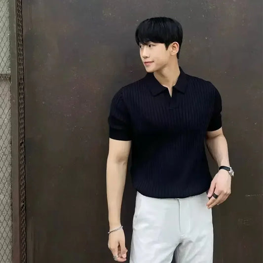 2025 Summer Men's Ice Silk Lapel Polo Short Sleeve Thin Fashionable V-neck Striped Knit Base Layer Top Men's Shirt - Ellianto fashion Men's