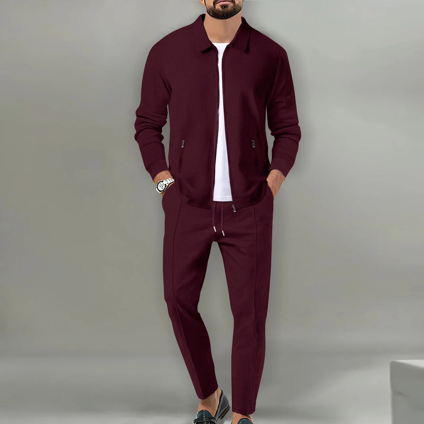Set Autumnwinter men's casual blazer set new fashion Waffle baseball suit round neck pocket zipper long sleeve trousers two-piece se - Ellianto fashion Men's