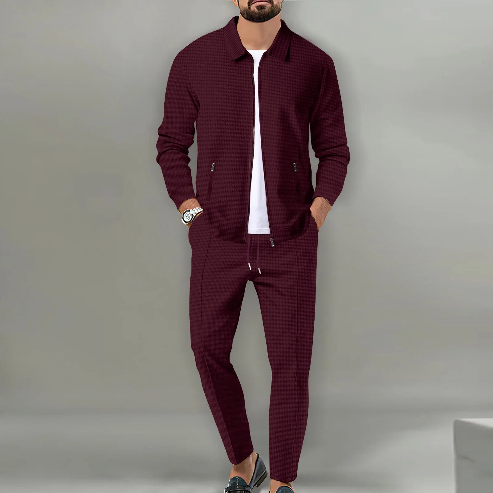 Set Autumnwinter men's casual blazer set new fashion Waffle baseball suit round neck pocket zipper long sleeve trousers two-piece se - Ellianto fashion Men's