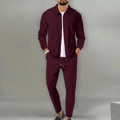 Set Autumnwinter men's casual blazer set new fashion Waffle baseball suit round neck pocket zipper long sleeve trousers two-piece se - Ellianto fashion Men's