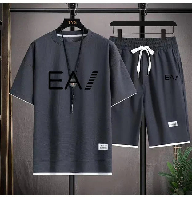 Set A new summer European men's breathable waffle round-neck short-sleeved and jogging sports shorts digital printing two-piece set - Ellianto fashion Men's