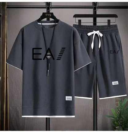 Set A new summer European men's breathable waffle round-neck short-sleeved and jogging sports shorts digital printing two-piece set - Ellianto fashion Men's