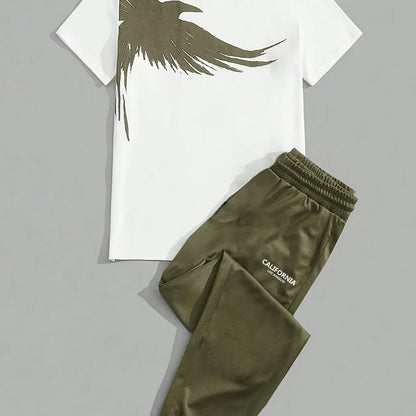 Set 2025 Simple Casual Men's T-shirt Short-sleeved Suit And Pants Fashion Eagle Print Pattern Sports And Leisure Two-piece Set - Ellianto fashion Men's