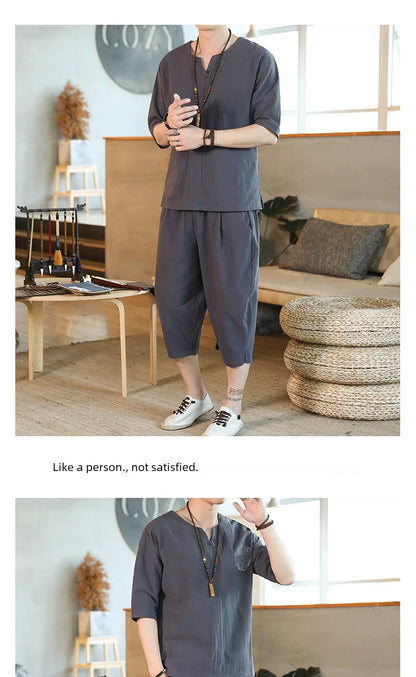 Men's Loose-fit Casual Pants Set Chinese Style Cotton Linen Short Sleeve Shirt Seven-point Shorts Two-piece Suit - Ellianto fashion Men's