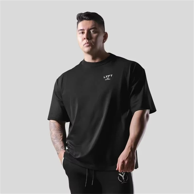 LYFT Printed Pure Cotton Fashion Fitness Sports Short Sleeve Men's Loose T-shirt Summer Workout Casual O-neck Running Tees Tops - Ellianto fashion Men's