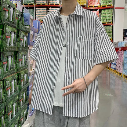 Japanese Style Simple Striped Short Sleeve Shirt For Men Summer Korean Trendy Loose Fit Casual Jacket
