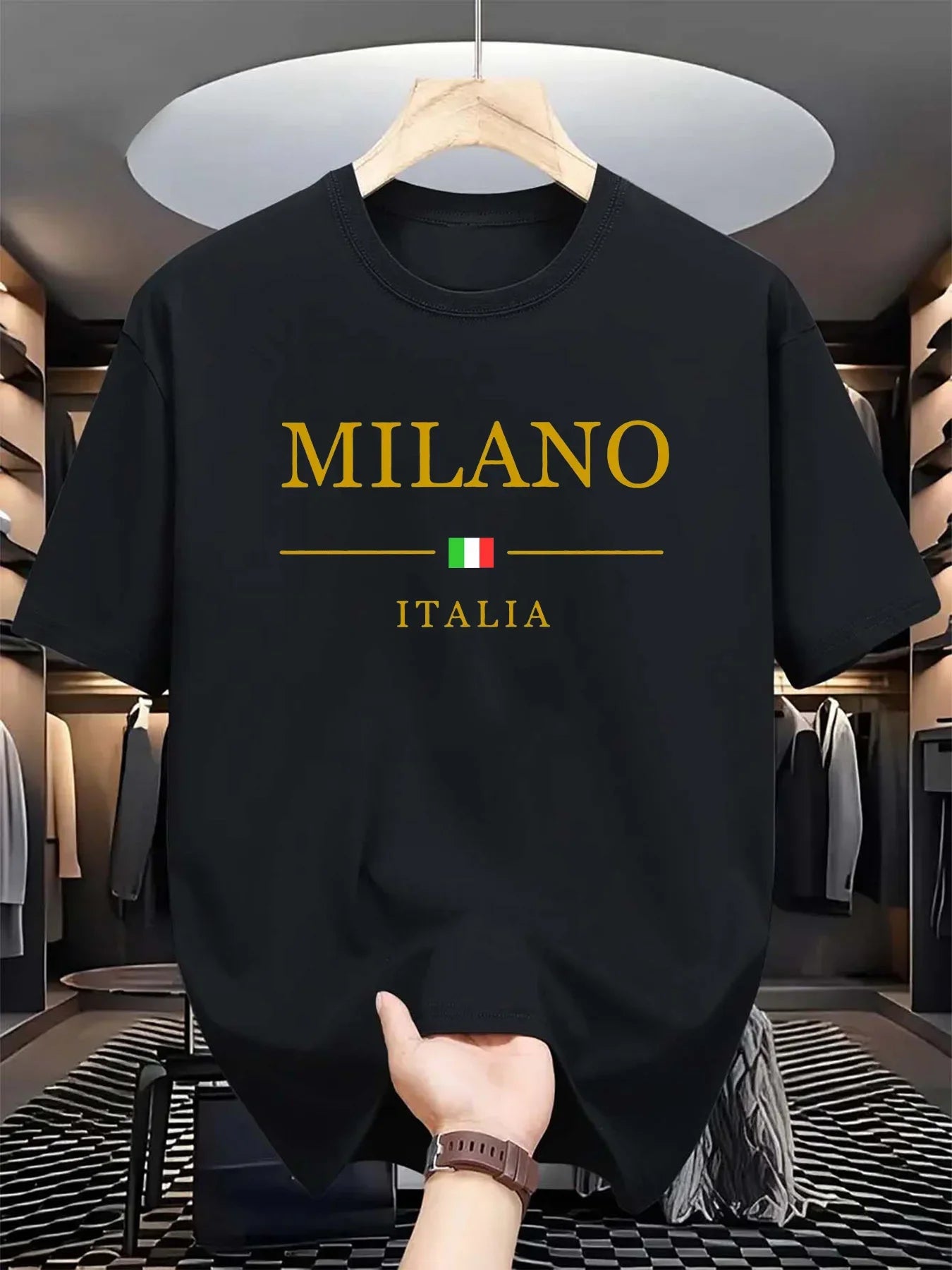 Men's summer 100 cotton fashionable casual loose plus size MILANO ITALIA pattern printed sports round neck short sleeved T-shirt - Ellianto fashion Men's