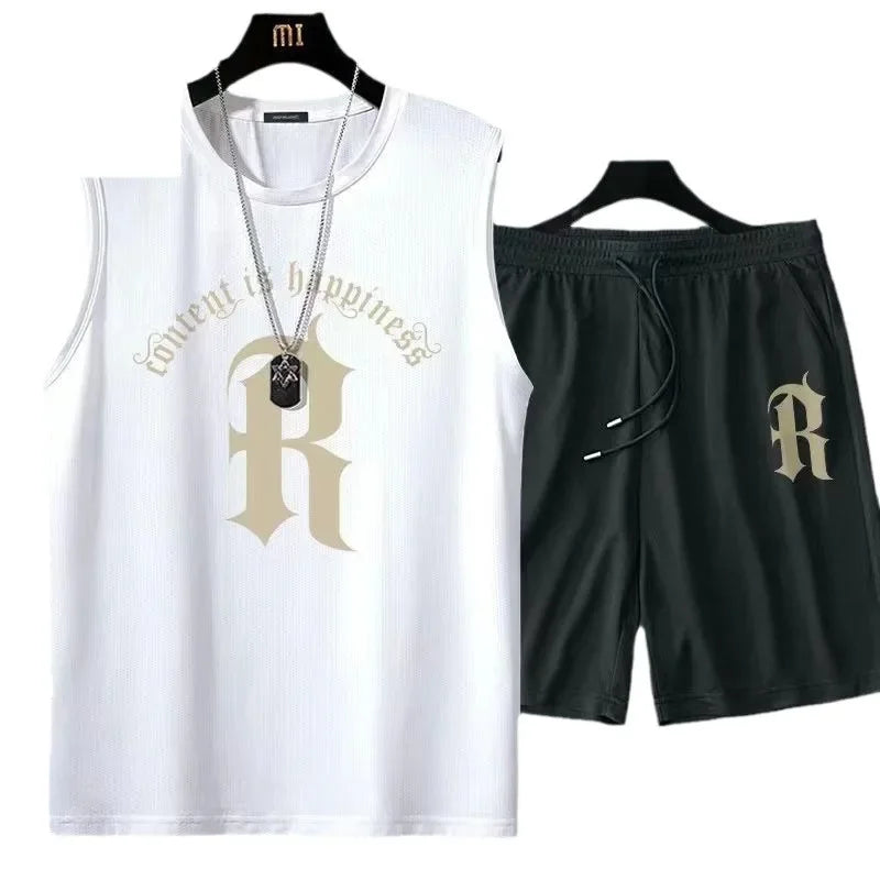 Ice Silk Men's Sports Set Quick Dry Basketball Uniform Summer Vest Shorts Gym Running One Piece Thin Male Fitness Outfit - Ellianto fashion Men's