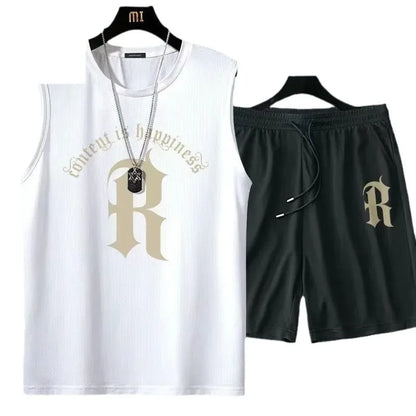 Ice Silk Men's Sports Set Quick Dry Basketball Uniform Summer Vest Shorts Gym Running One Piece Thin Male Fitness Outfit - Ellianto fashion Men's