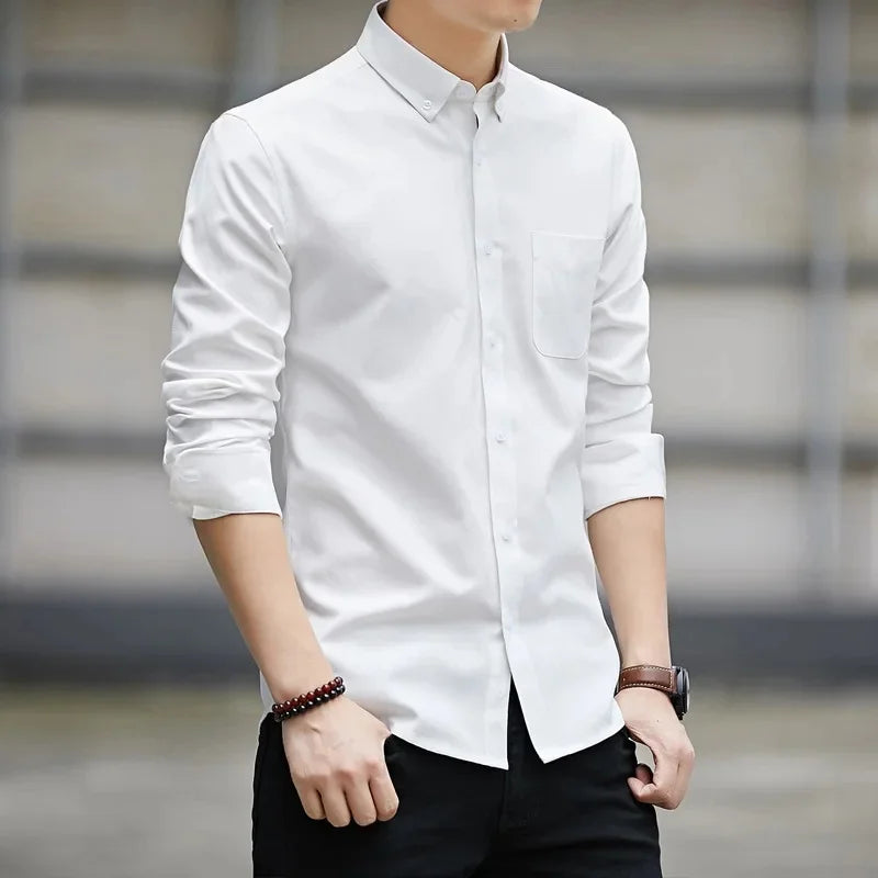 New Hot Sale Of The Season Men's Long Sleeve Oxford Cloth Casual Shirt Slim Fit Korean Style Shirt Comfortable Breathable Spring - Ellianto fashion Men's