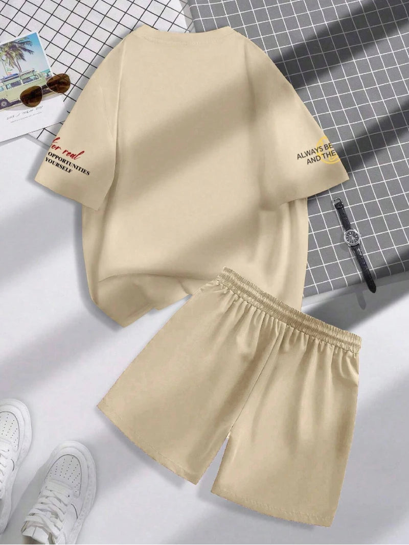 Set Summer Trend Men's Round Neck Short Sleeve Set Fashion Personalized Alphanumeric Print Round Neck T-shirt and Shorts Two Piece - Ellianto fashion Men's