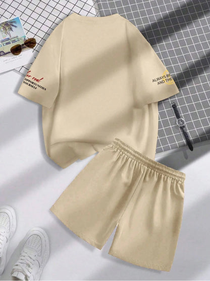 Set Summer Trend Men's Round Neck Short Sleeve Set Fashion Personalized Alphanumeric Print Round Neck T-shirt and Shorts Two Piece - Ellianto fashion Men's