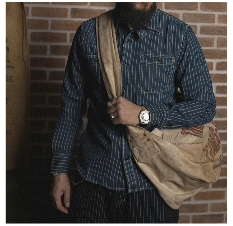 Non Stock Wabash Dot Striped Shirt Vintage Style Button Down Workshirt For Men - Ellianto fashion Men's