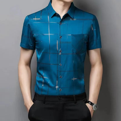 Summer Men Fashion Short Sleeve Shirt Ice Silk No Ironing Urban Casual Style Loose Fit Middle-aged Elderly