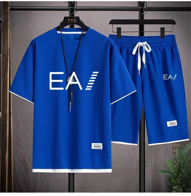 Set A new summer European men's breathable waffle round-neck short-sleeved and jogging sports shorts digital printing two-piece set - Ellianto fashion Men's