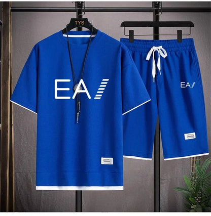 Set A new summer European men's breathable waffle round-neck short-sleeved and jogging sports shorts digital printing two-piece set - Ellianto fashion Men's