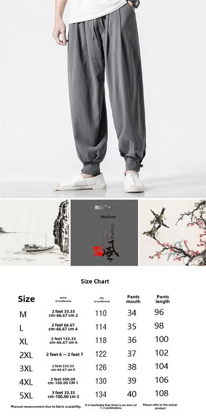 Loose-fit Cotton Linen Men's Women's Monk Pants No Tying Required Casual Spring Summer Long Pants For Zen Meditation - Ellianto fashion Men's