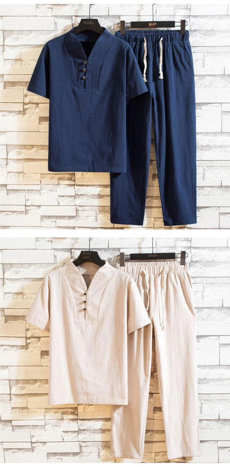 Linen Suit Men's Summer Short Sleeve Hanfu Ancient Buddhist System Zhenshi V-neck T-shirt Cotton Linen 2-piece Set - Ellianto fashion Men's