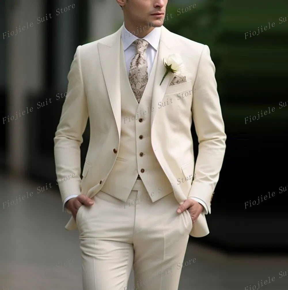 New Beige Business Suit Men Tuxedos Groom Groomsman Prom Wedding Party Formal 3 Piece Set Jacket Vest Pants - Ellianto fashion Men's