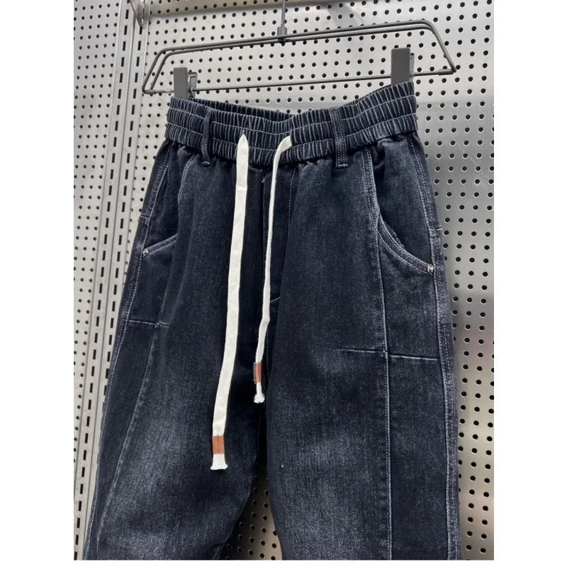 New 2025 Designer Clothes Man Vintage Retro Men's American Style Loose Wide Leg Harem Jeans with Fleece Lining Low Rise Jeans - Ellianto fashion Men's