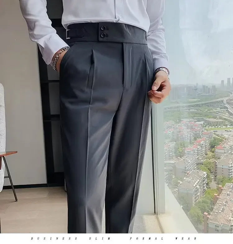 AutumnCasualTrousersMenStraight-LegNarrow-FitHigh-WaistedSlimsBritishStyleSuit Pants BusinessAttire - Ellianto fashion Men's