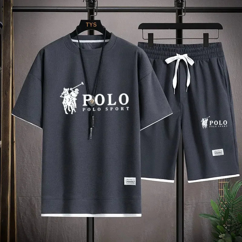Set summer of 2025, a two-piece set of Korean-style men's short-sleeved T-shirts and sports shorts paired with casual sportsw - Ellianto fashion Men's
