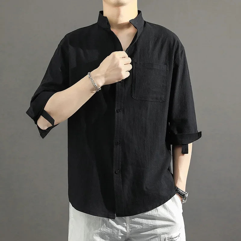 2023 Summer Cotton-Linen 3/4 Sleeve Shirt – Lightweight Comfort and Relaxed Japanese-Inspired Style for the Modern Gentleman