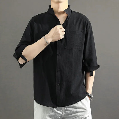 2023 Summer Cotton-Linen 3/4 Sleeve Shirt – Lightweight Comfort and Relaxed Japanese-Inspired Style for the Modern Gentleman