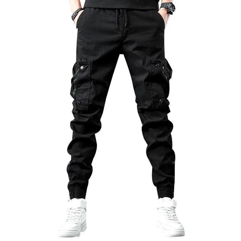 Trendy Men's Spring Autumn Cargo Pants Slim Fit Casual Style Loose Fit American Style Multiple Pocket Small Foot Pants Black - Ellianto fashion Men's