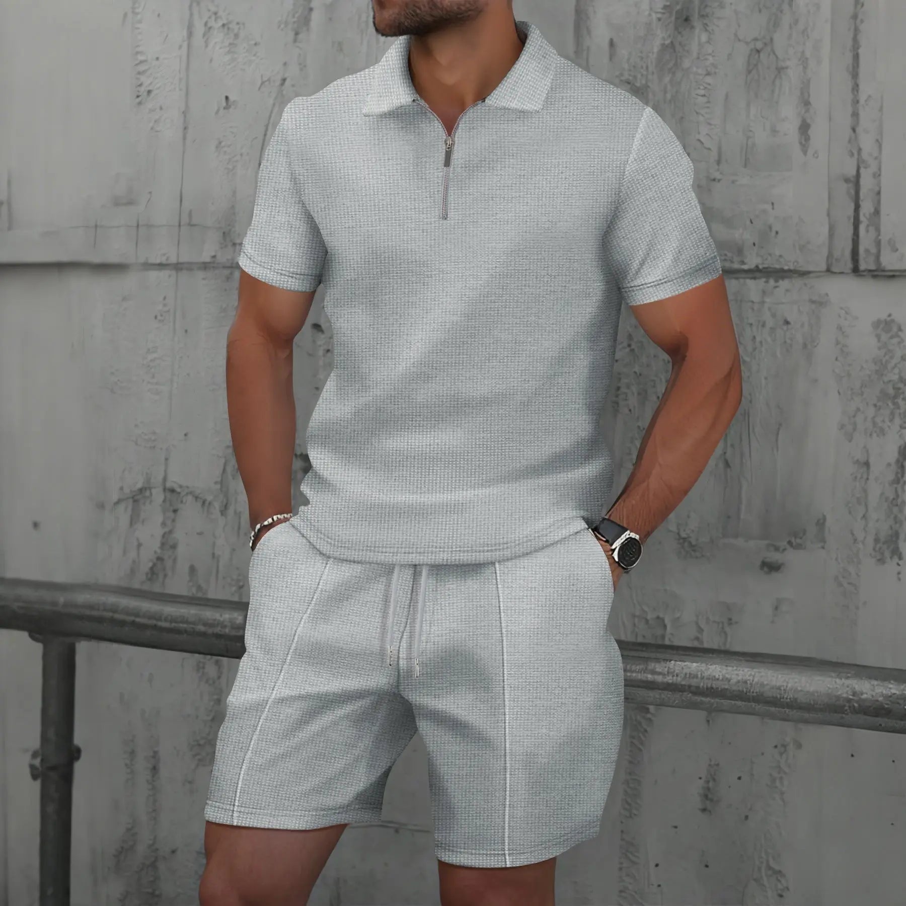2025 simple men's suit summer new short sleeve shorts two-piece outdoor leisure handsome men's solid color trend suit - Ellianto fashion Men's
